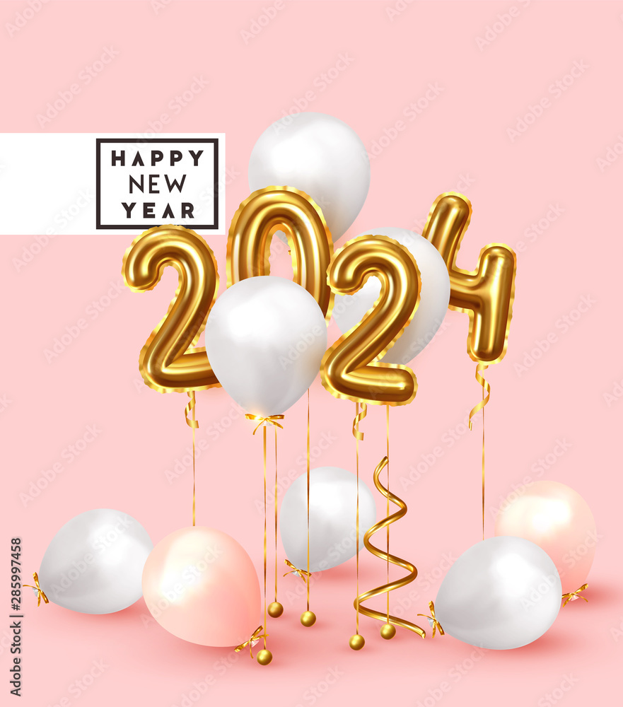 Happy New Year 2024. Background realistic golden balloons. Decorative