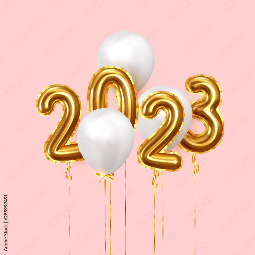 Happy New Year 2023. Background realistic golden balloons. Decorative  design elements. Object render 3d ballon with ribbon. Celebrate party Poster,  banner, greeting card. Festive Vector illustration. Stock Vector | Adobe  Stock