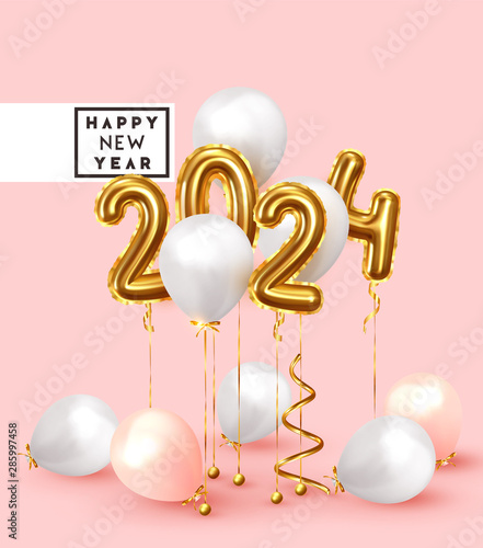Happy New Year 2024. Background realistic golden balloons. Decorative design elements. Object render 3d ballon with ribbon. Celebrate party Poster, banner, greeting card. Festive Vector illustration.