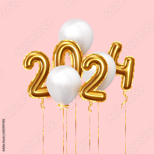 Happy New Year 2024. Background realistic golden balloons. Decorative design elements. Object render 3d ballon with ribbon. Celebrate party Poster, banner, greeting card. Festive Vector illustration.