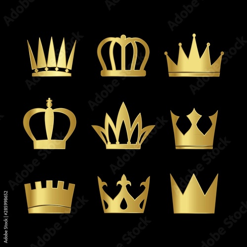 Set of golden crown on black background