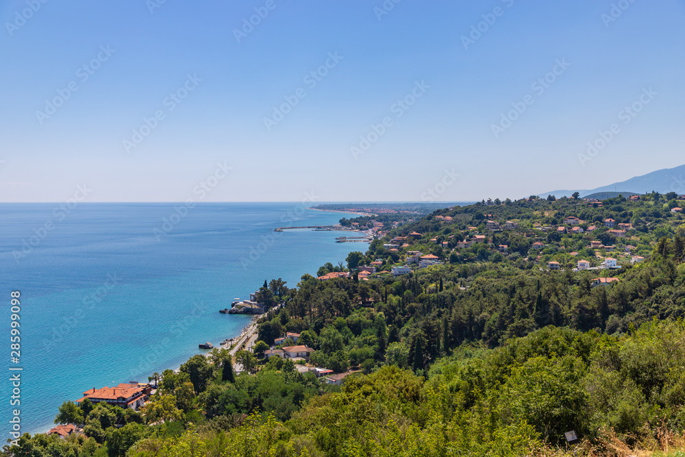 Greece, view from medieval Platamon Castle to Piera village on Aegean sea