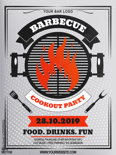 BBQ party invitation template on black and white. Summer or autumn cookout Barbecue weekend flyer. Grill vector with food sketches elements. Vector EPS 10 design for celebration, invitation, card.