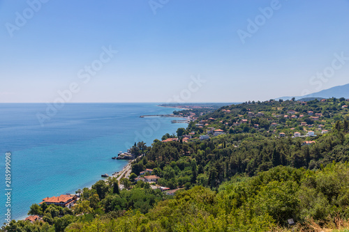 Greece, view from medieval Platamon Castle to Piera village on Aegean sea