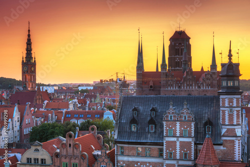 Beautiful architecture of the old town in Gdansk at sunset, Poland.