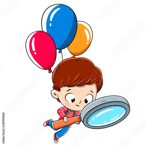 Boy with a magnifying glass flying with balloons