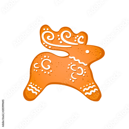 Gingerbread deer isolated on white background. Christmas handmade cooky icon. Winter holidays concept.Vector 10 EPS illustration.