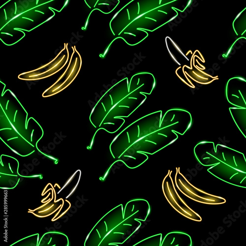 Seamless pattern with neon icons of banana leaeves and fruits on black background. Exotic, summer, tropical, food concept. Vector 10 EPS illustration. photo