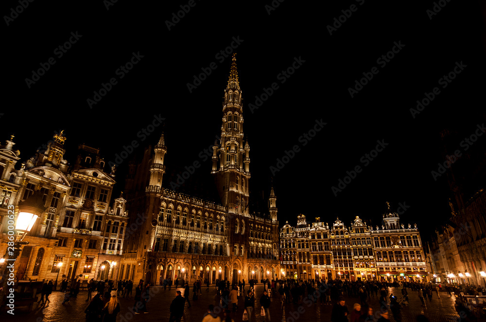 Beautiful view at Grand-Place (Grote Markt) in night. The central square of Brussels with the city's Town Hall. One of the most beautiful squares in the world. Brussels, Belgium