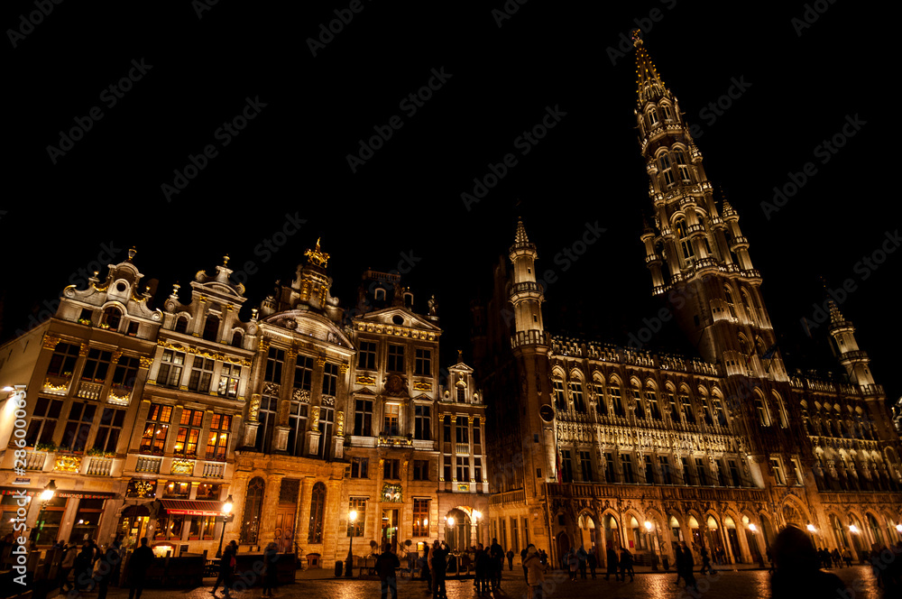 Beautiful view at Grand-Place (Grote Markt) in night. The central square of Brussels with the city's Town Hall. One of the most beautiful squares in the world. Brussels, Belgium