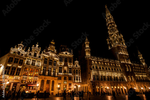 Beautiful view at Grand-Place  Grote Markt  in night. The central square of Brussels with the city s Town Hall. One of the most beautiful squares in the world. Brussels  Belgium