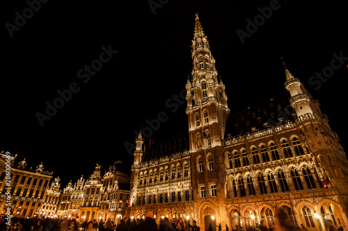 Beautiful night view at Grand-Place (Grote Markt). The central square of Brussels with the city's Town Hall. One of the most beautiful squares in the world. Brussels, Belgium