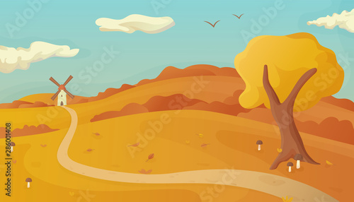 Autumn landscape with mushrooms and fallen leaves background