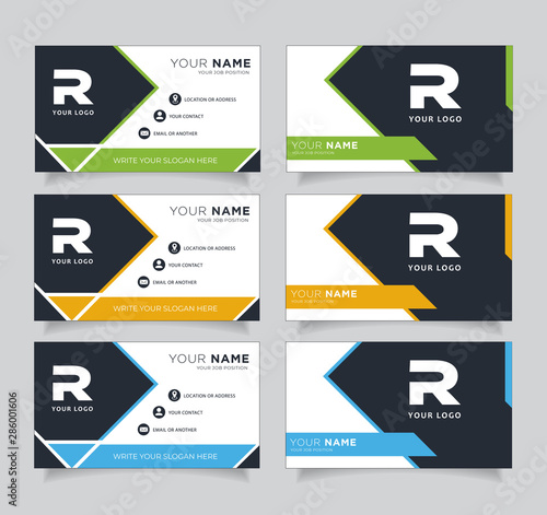 Green, blue, orange and black dark modern creative business card and name card,horizontal simple clean template vector design, layout in rectangle size. - Vector
