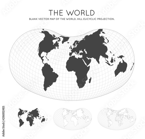 Map of the World. Hill eucyclic projection. Globe with latitude and longitude lines. World map on meridians and parallels background. Vector illustration.