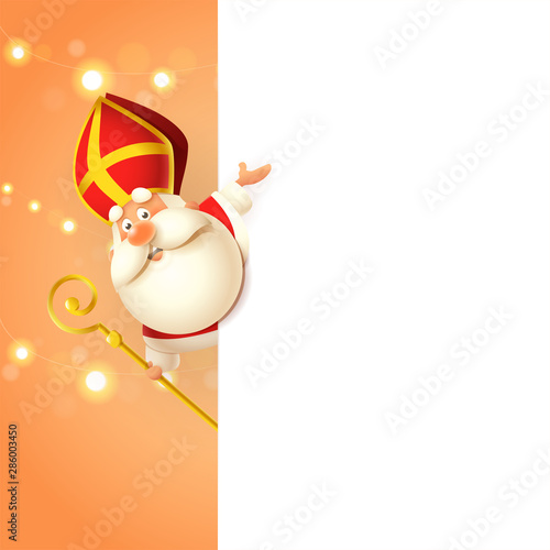 Saint Nicholas Sinterklaas on left side of board - happy cute character celebrate holiday - poster template