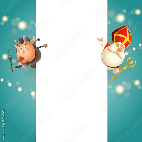 Krampus on left side and Saint Nicholas on right side of board - happy cute characters celebrate holidays - vector template