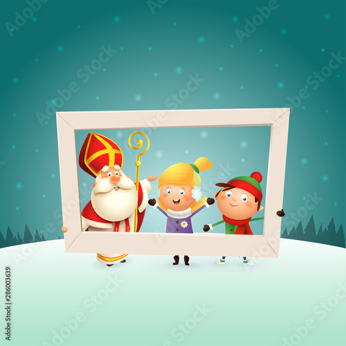 Saint Nicholas and children girl and boy with photo frame - winter scene background