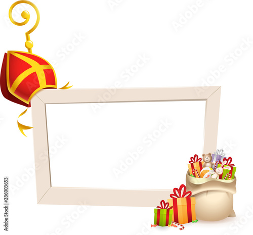 Saint Nicholas or Sinterklaas theme frame with golden crosier stick mitre and gifts - social media frame isolated on transparent background
