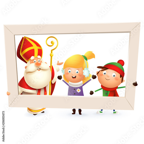 Saint Nicholas or Sinterklaas and children girl and boy with photo frame - isolated on white background