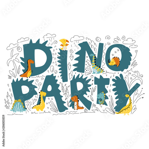 Dinosaur character vector illustration in flat cartoon scandinavian style with DINO PARTY lettering. Childish design for birthday invitation or baby shower, poster, clothing, nursery wall art and card