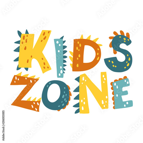 Dino Kids zone. Vector cartoon logo for children's playroom. Banner design with cute colorful dinosaur letters