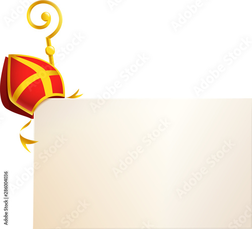 Saint Nicholas attributes miter and golden crosier on board - vector template isolated on transparent background