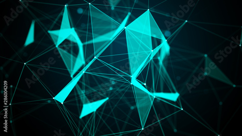 Digital plexus of glowing lines, dots and triangles. Abstract background. Connection of particles. 3D rendering.