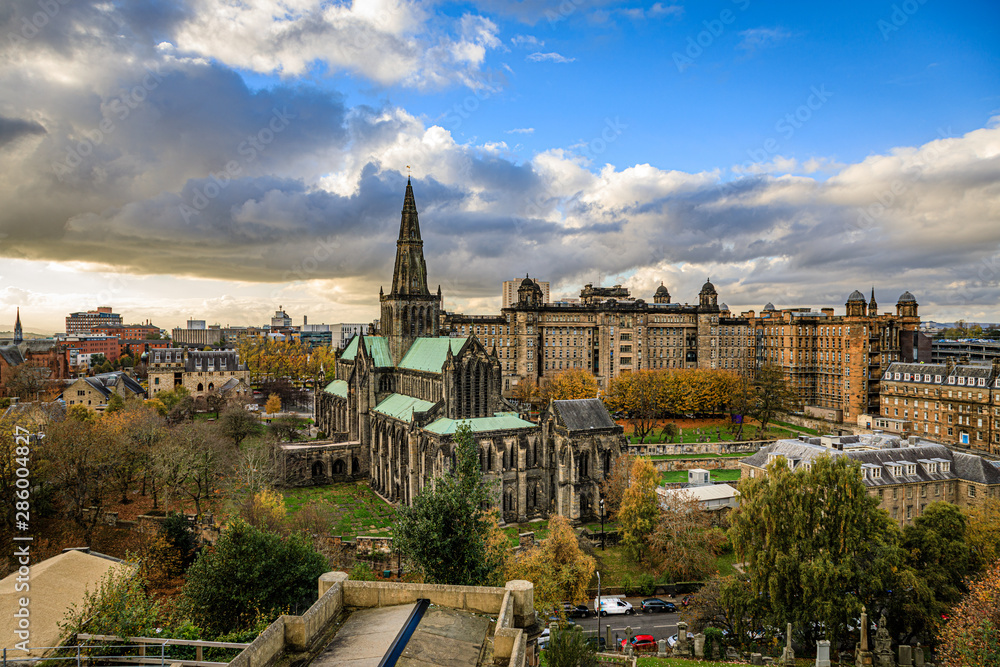 Looking down at the Glasgow Cathedral from the Necropolis in Glasgow City, Scotland, United Kingdom