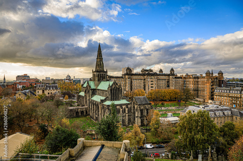 Looking down at the Glasgow Cathedral from the Necropolis in Glasgow City, Scotland, United Kingdom