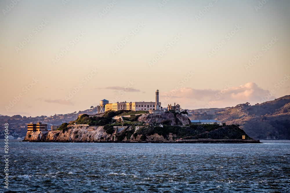 Alcatraz Island at sunset seen from the ferry from Sausalito to San Francisco