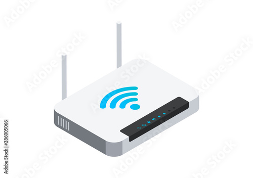 Isometric network wi-fi router with two antennas. Vector illustration isolated on white background.