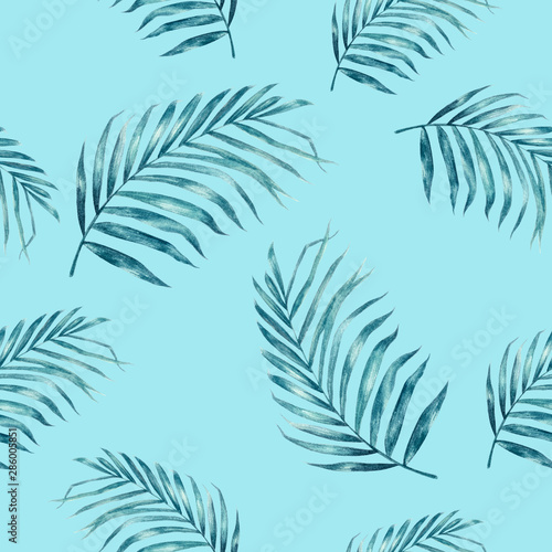 Coconut leaf hand drawn watercolor illustration. Seamless pattern.