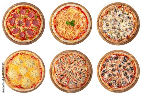 Set of pizzas top view isolated on white background. 