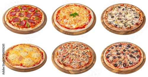 Set of pizzas isolated on white background. 