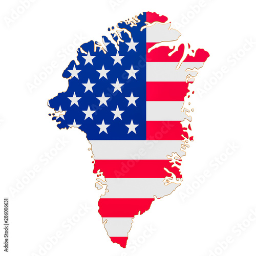 Purchase of Greenland concept, map of Greenland with USA flag. 3D rendering