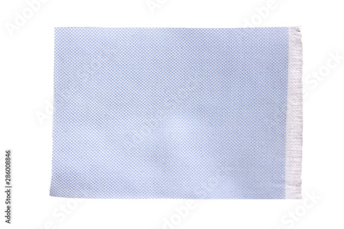 blue fabric sample on white background, isolate, close-up, copy space