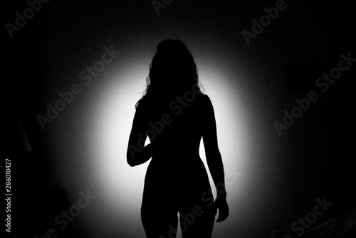 A silhouette shot of a sexy naked lady from behind. The front lighting accents the unmistakable feminine curves and shapes