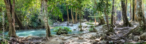 Panorama of bare tree roots and a series of beautiful short waterfalls in the dense forest of Erawan National park in Thailand