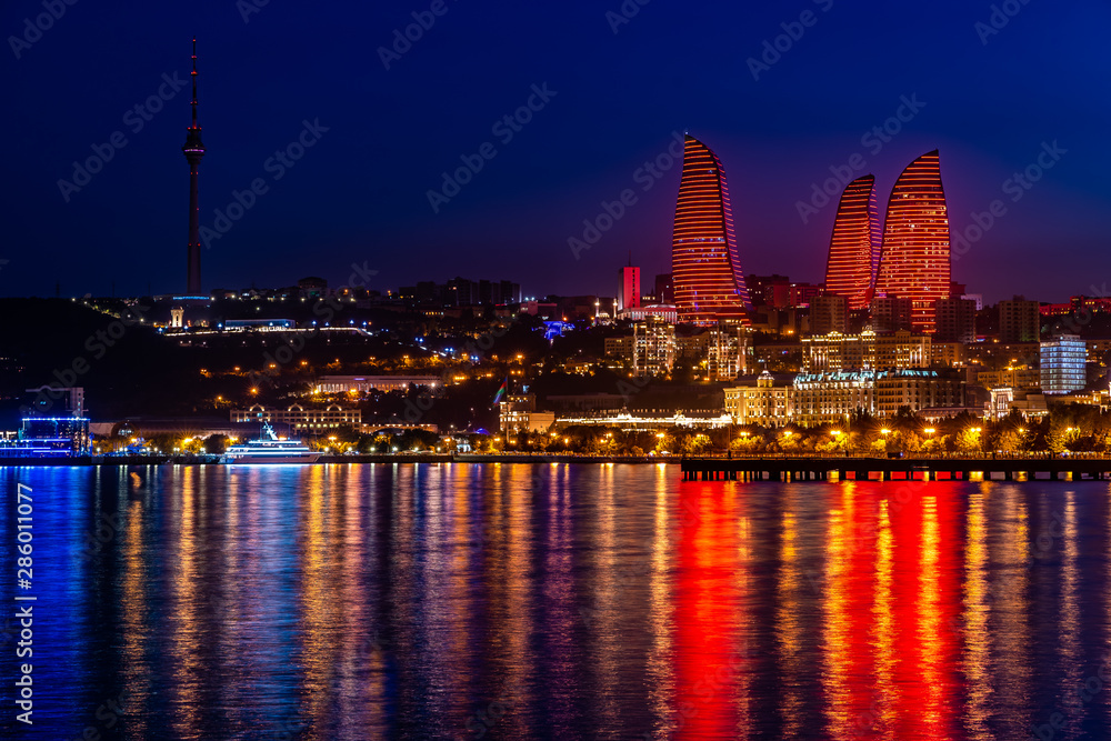 Panoramic view of Baku - the capital of Azerbaijan after sunset reflected on the Caspian Sea