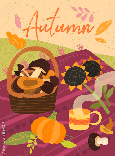 Freshly picked autumn mushrooms and fungi in a basket on a rug outdoors on the grass with yellow sunflowers, a pumpkin and cup of steaming coffee in a seasonal vector poster design