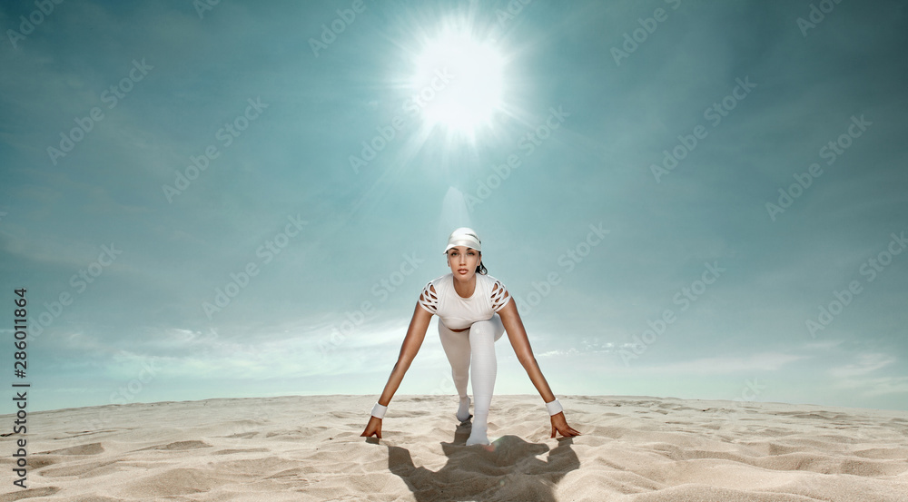 Strong athletic woman sprinter, start running at the desert wearing in white sportswear. Fitness and sport motivation. Runner concept with copy space. Strong athletic woman sprinter, start running at the desert wearing in white sportswear. Fitness and sport motivation. Runner concept with copy space.