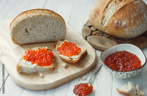 Far Eastern delicacy. Sandwich with caviar of red fish