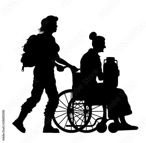 Immigrant old woman on wheelchair and her daughter silhouette