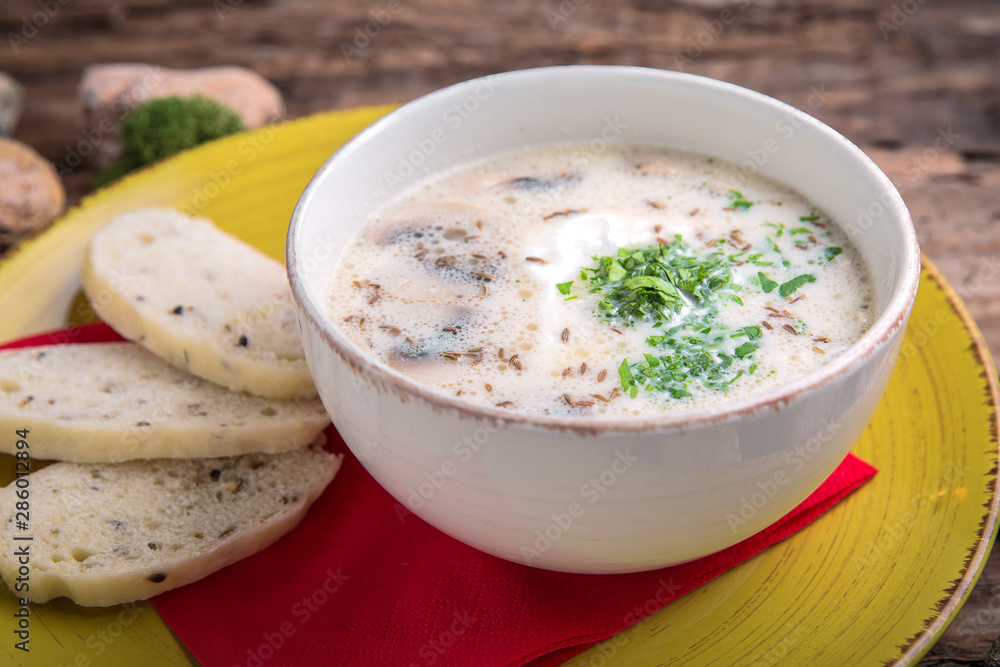 Cream  of chicken and white mushrooms . First course.  Liquid diet.