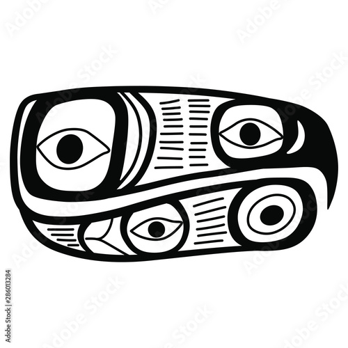 Native American ethnic decor of Tlingit Indians. Stylized head of ancestor totem raven Black and white silhouette.