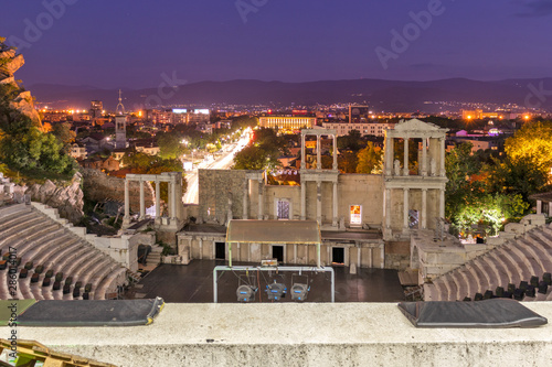 Night Photo of Roman theatre in city of Plovdiv, Bulgaria photo