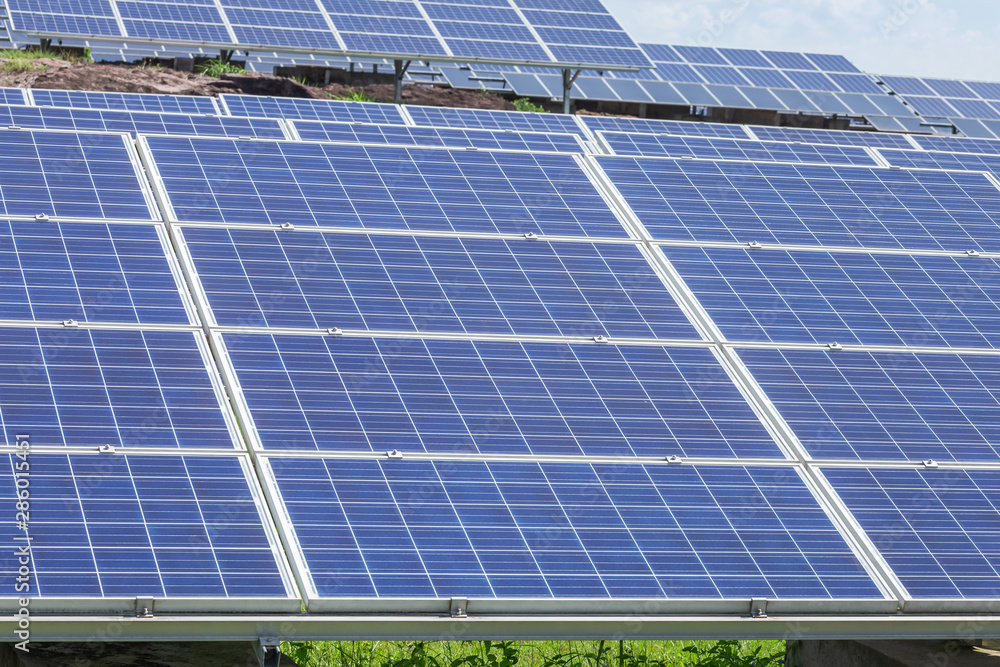 Close up rows array of Solar panels or solar cells or photovoltaics in solar power station is power production technology renewable green clean energy energy efficiency from the sun Close up rows array of Solar panels or solar cells or photovoltaics in solar power station is power production technology renewable green clean energy energy efficiency from the sun
