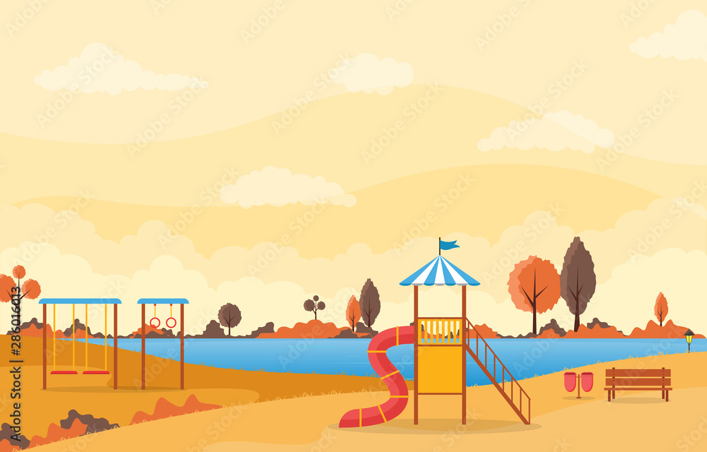 City Park in Fall Autumn with Kid Playground Playing Equipment Illustration