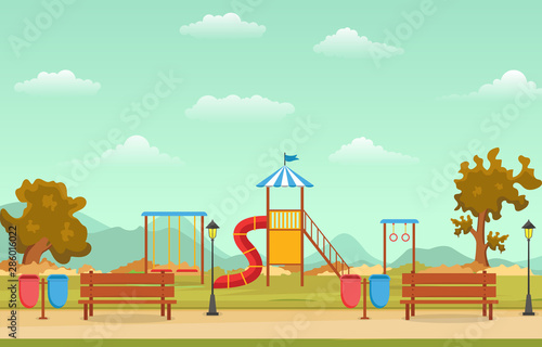City Park in Fall Autumn with Kid Playground Playing Equipment Illustration